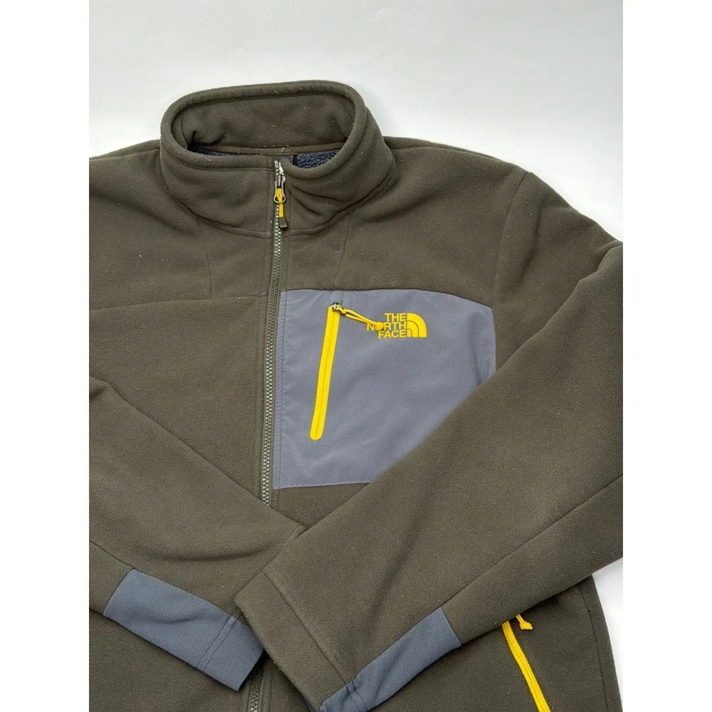 The North Face Mens Full Zip Sherpa Lined Fleece Jacket Olive Green Grey Large